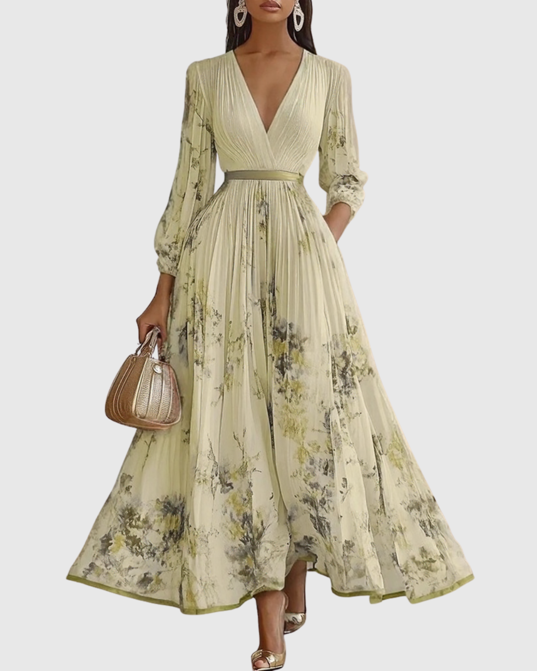 Elegant Pleated Maxi Dress with Long Sleeves & Floral Pattern for Effortless Style 7