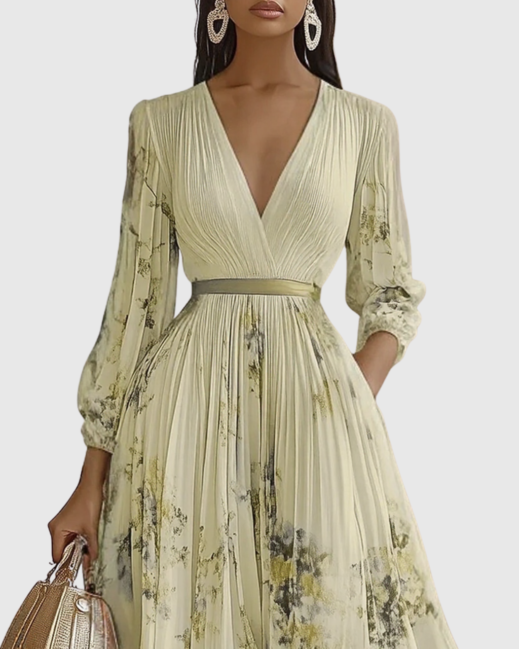 Elegant Pleated Maxi Dress with Long Sleeves & Floral Pattern for Effortless Style 8
