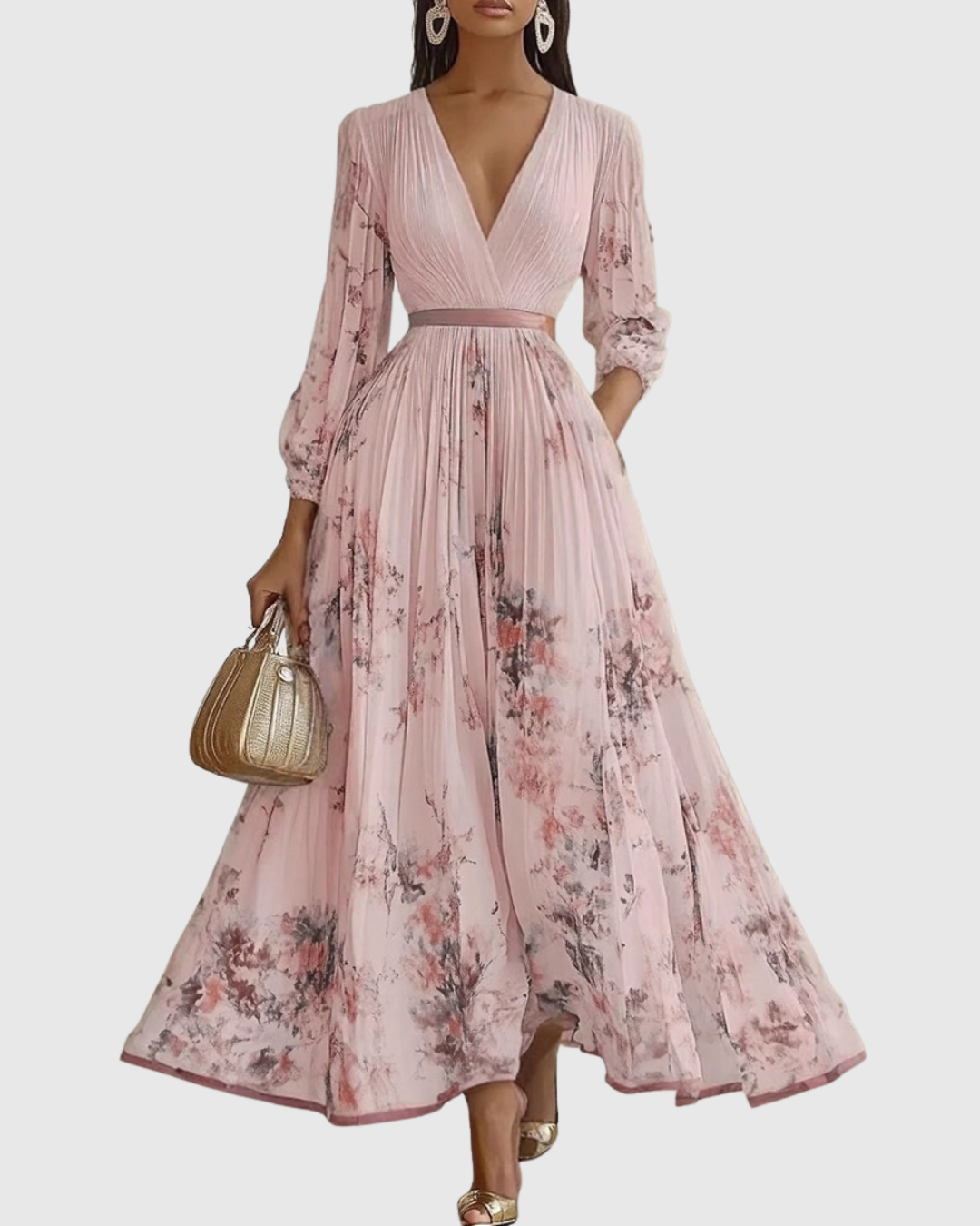 Elegant Pleated Maxi Dress with Long Sleeves & Floral Pattern for Effortless Style 9