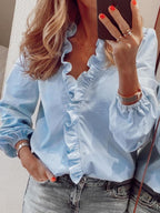 Elegant Ruffled V-Neck Blouse with Long Sleeves | Stylish Sheer Design for Effortless Chic 1