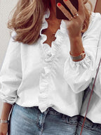 Elegant Ruffled V-Neck Blouse with Long Sleeves | Stylish Sheer Design for Effortless Chic 10