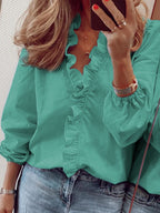 Elegant Ruffled V-Neck Blouse with Long Sleeves | Stylish Sheer Design for Effortless Chic 11