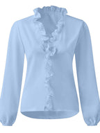 Elegant Ruffled V-Neck Blouse with Long Sleeves | Stylish Sheer Design for Effortless Chic 3