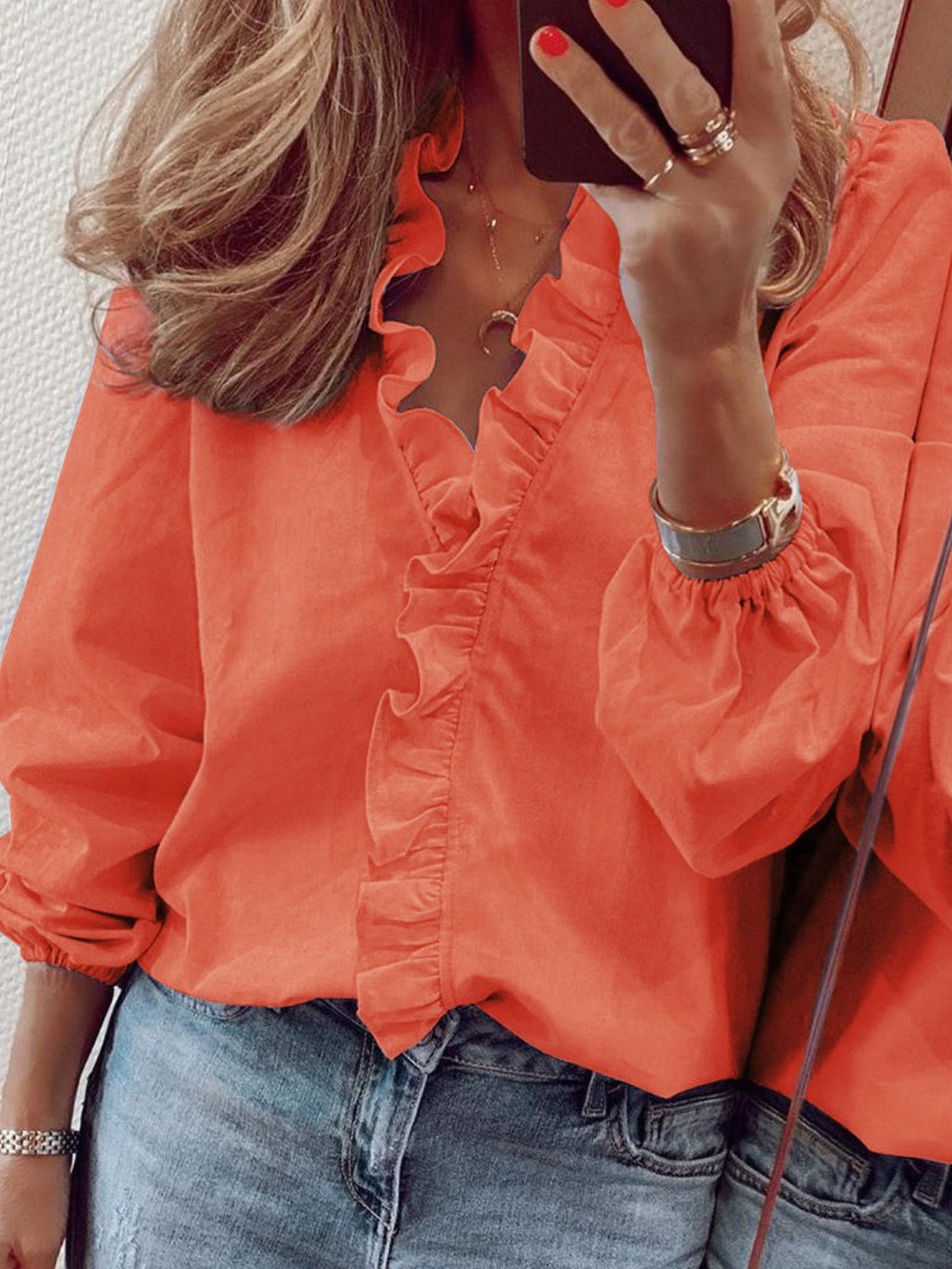 Elegant Ruffled V-Neck Blouse with Long Sleeves | Stylish Sheer Design for Effortless Chic 5