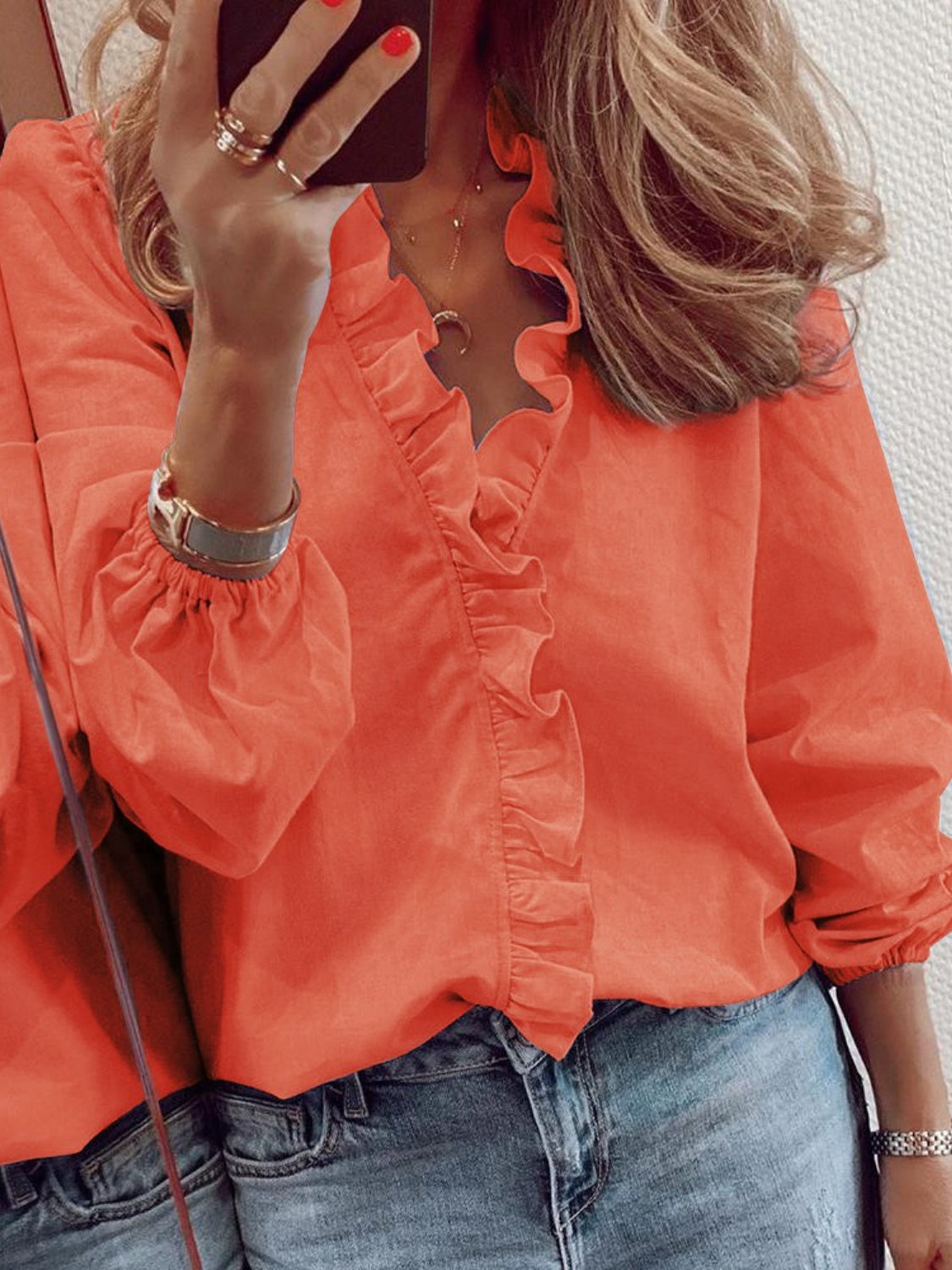 Elegant Ruffled V-Neck Blouse with Long Sleeves | Stylish Sheer Design for Effortless Chic 7