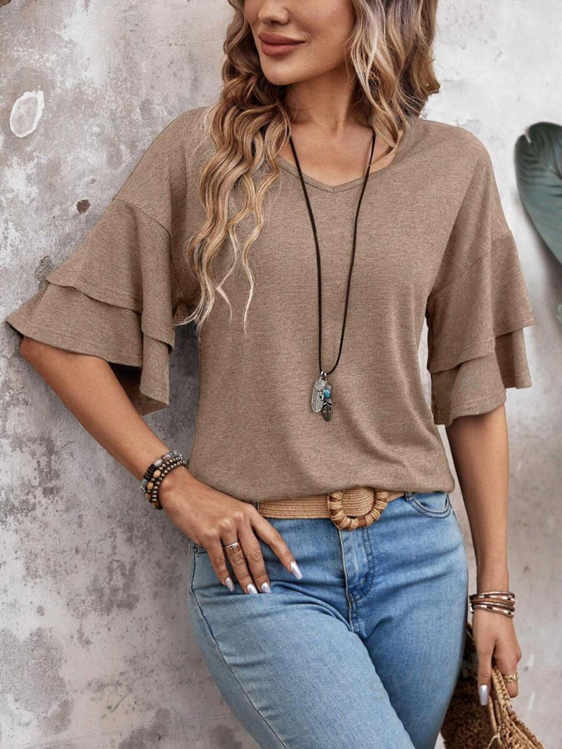 Elegant V-Neck Blouse | Half Sleeve Design with Slight Stretch | Versatile Top for Everyday Wear 0