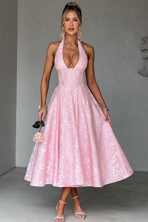 Elegant V-Neck Halterneck Maxi Dress with Flared Skirt | Floral Design for Summer Celebrations 0