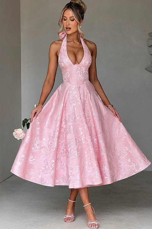 Elegant V-Neck Halterneck Maxi Dress with Flared Skirt | Floral Design for Summer Celebrations 1