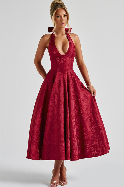 Elegant V-Neck Halterneck Maxi Dress with Flared Skirt | Floral Design for Summer Celebrations 10