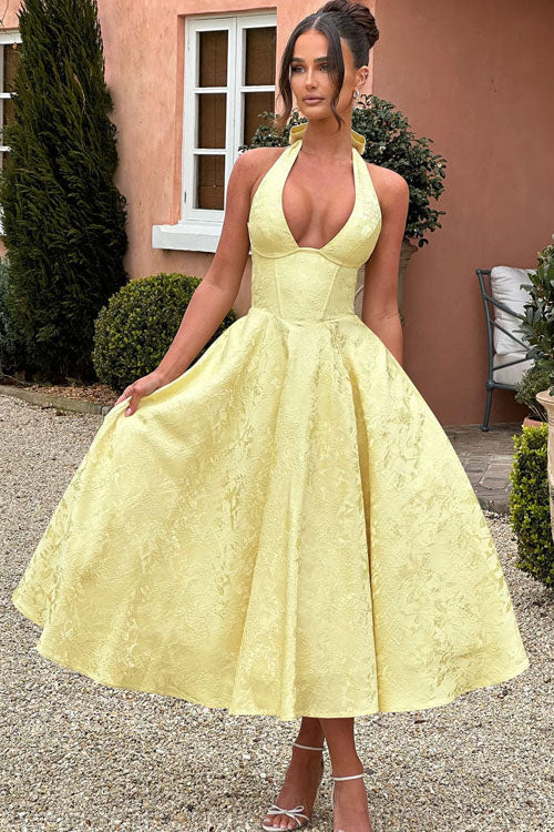 Elegant V-Neck Halterneck Maxi Dress with Flared Skirt | Floral Design for Summer Celebrations 2