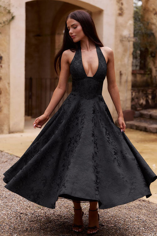 Elegant V-Neck Halterneck Maxi Dress with Flared Skirt | Floral Design for Summer Celebrations 4