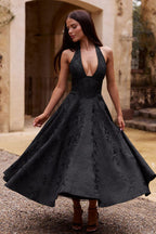 Elegant V-Neck Halterneck Maxi Dress with Flared Skirt | Floral Design for Summer Celebrations 4