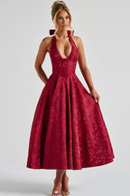 Elegant V-Neck Halterneck Maxi Dress with Flared Skirt | Floral Design for Summer Celebrations 5