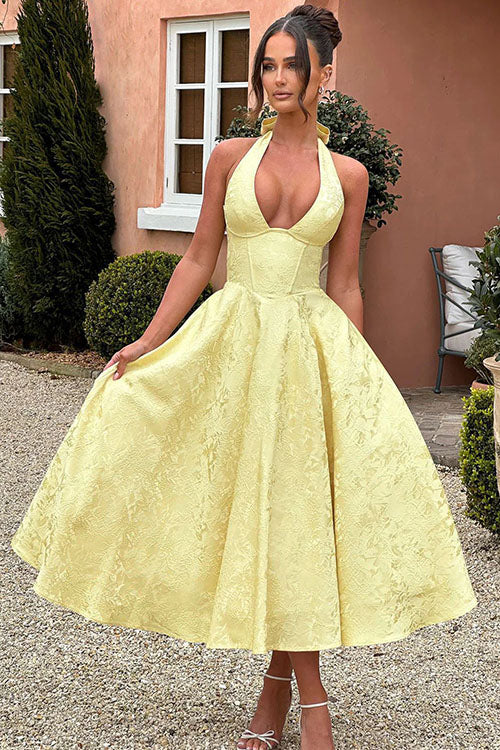 Elegant V-Neck Halterneck Maxi Dress with Flared Skirt | Floral Design for Summer Celebrations 6