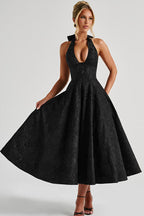 Elegant V-Neck Halterneck Maxi Dress with Flared Skirt | Floral Design for Summer Celebrations 8