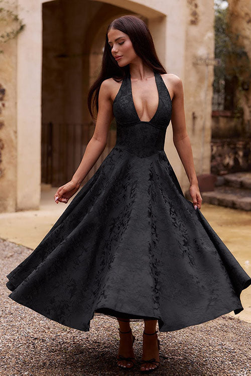 Elegant V-Neck Halterneck Maxi Dress with Flared Skirt | Floral Design for Summer Celebrations 9