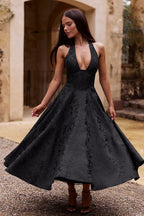 Elegant V-Neck Halterneck Maxi Dress with Flared Skirt | Floral Design for Summer Celebrations 9