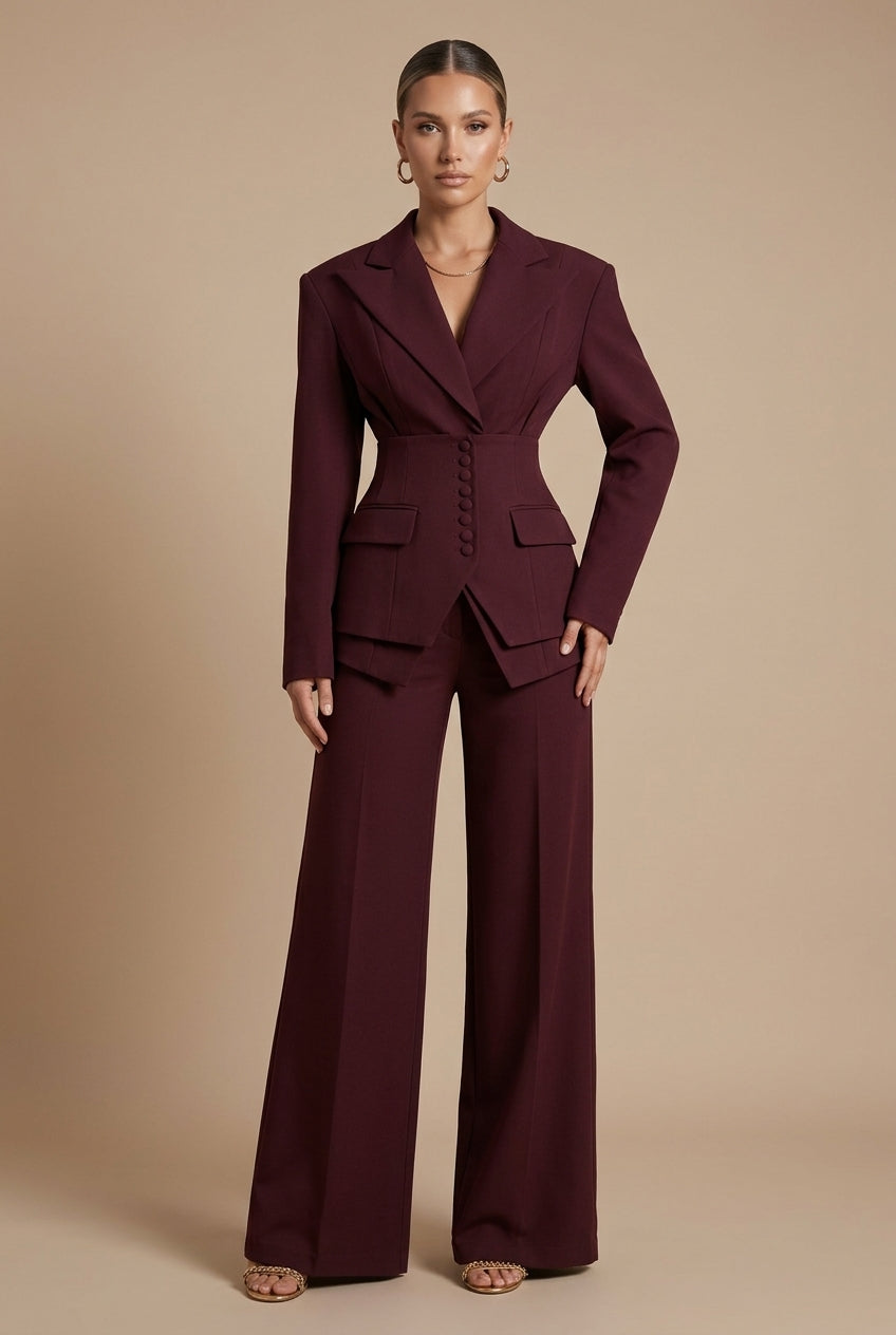 Elegant Women's Suit | Tailored Two Piece with Peaked Lapel & Wide-Leg Trousers for Versatile Styling