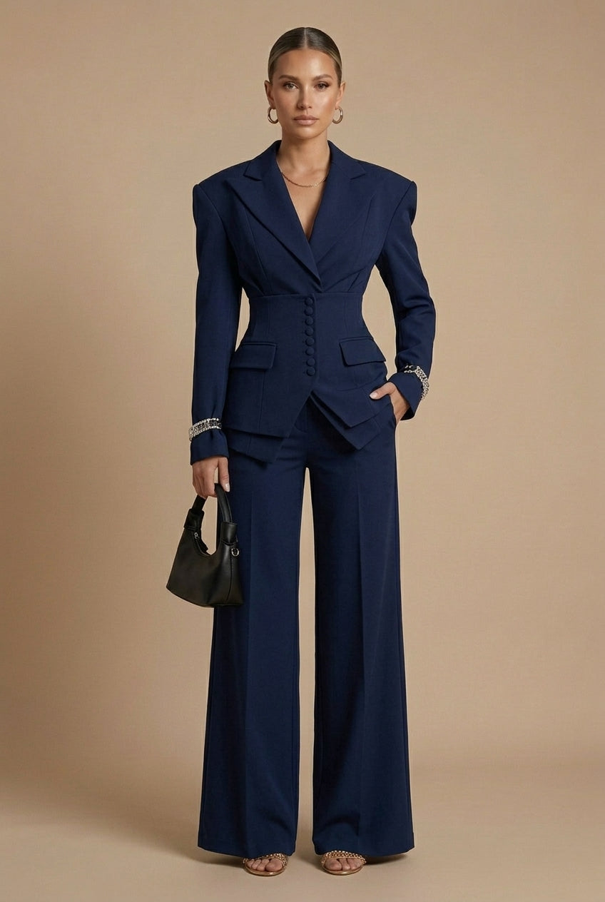 Elegant Women's Suit | Tailored Two Piece with Peaked Lapel & Wide-Leg Trousers for Versatile Styling