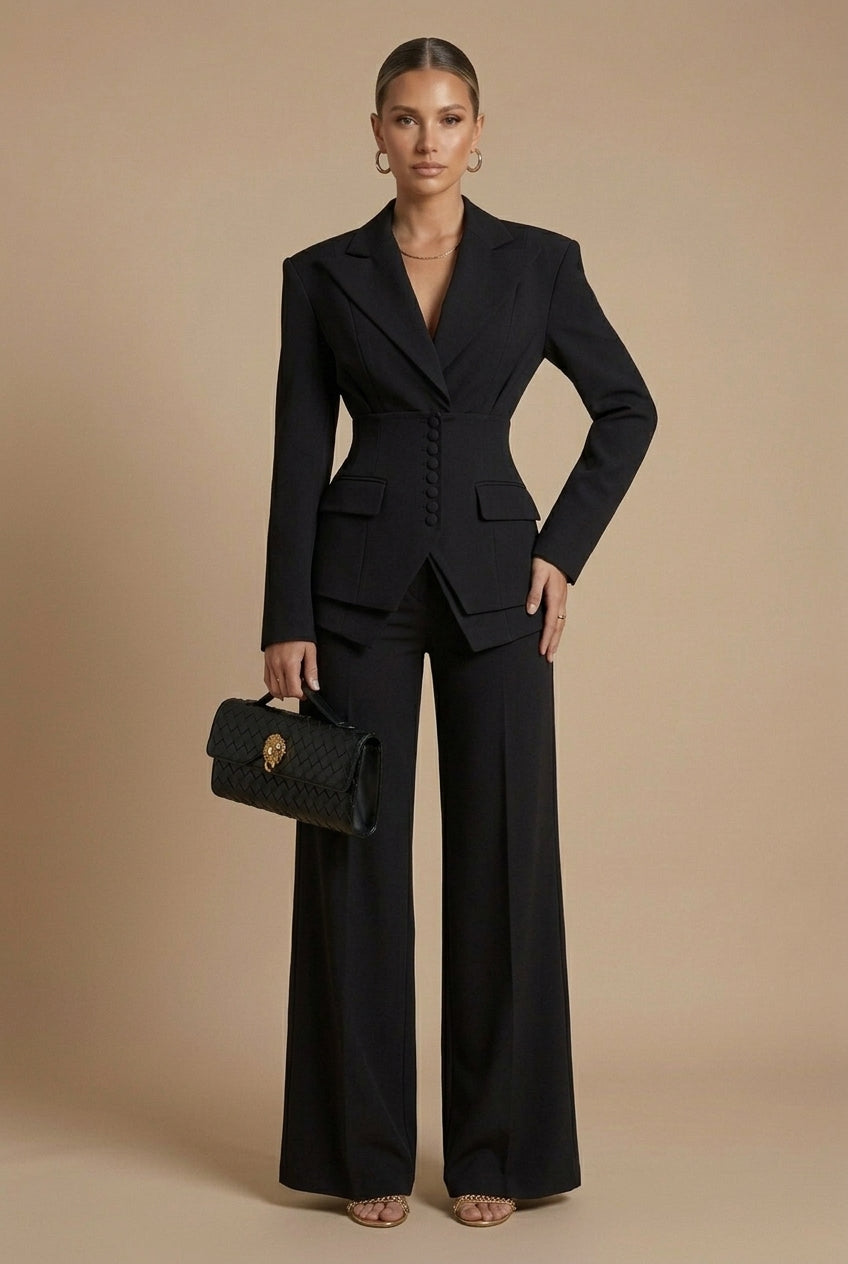 Elegant Women's Suit | Tailored Two Piece with Peaked Lapel & Wide-Leg Trousers for Versatile Styling
