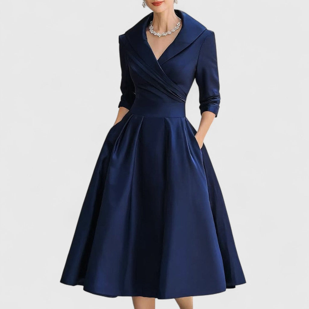 Elegant | White Midi Dress with 3/4 Sleeves & Flared Skirt for Effortless Style 0