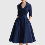 Elegant | White Midi Dress with 3/4 Sleeves & Flared Skirt for Effortless Style 0