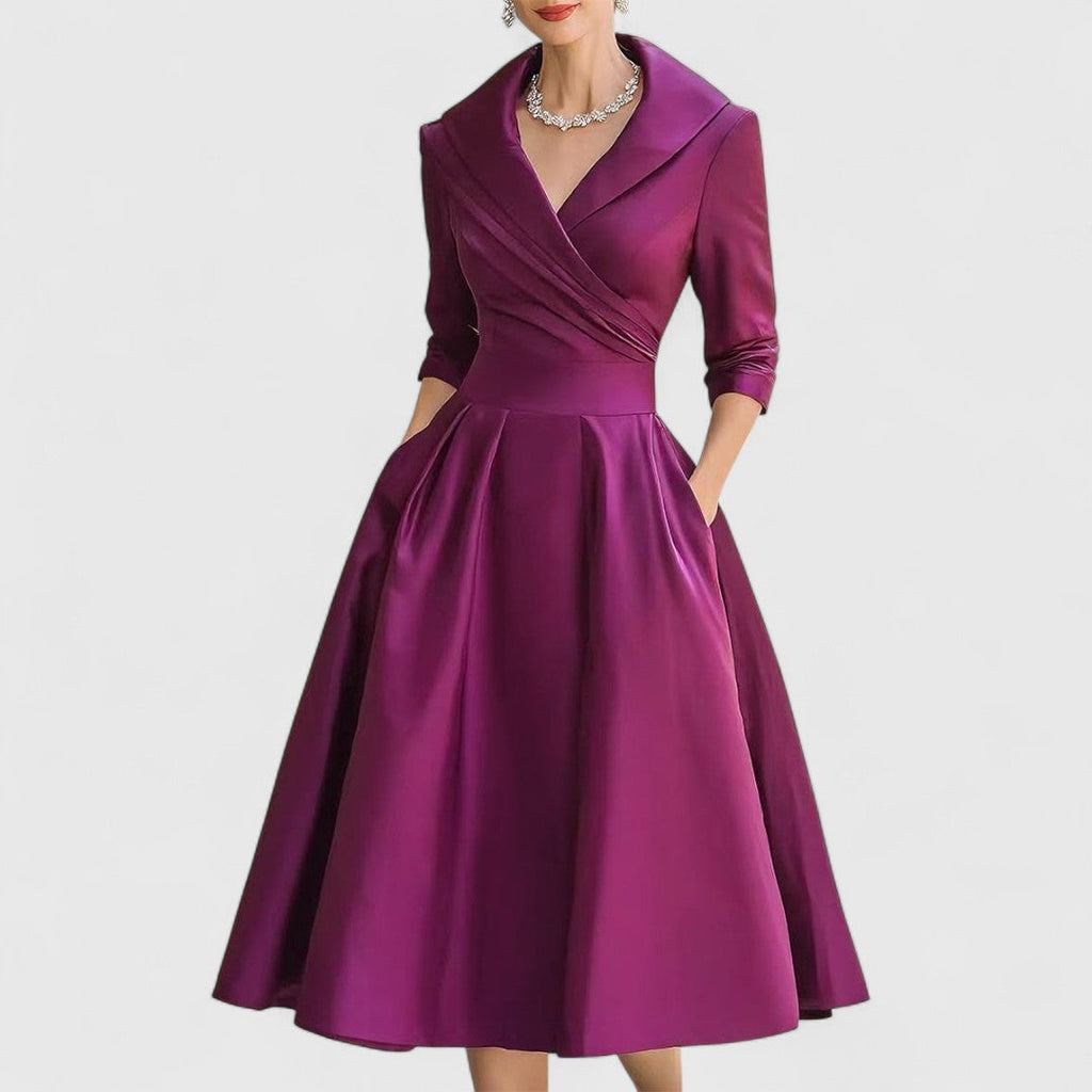 Elegant | White Midi Dress with 3/4 Sleeves & Flared Skirt for Effortless Style 3