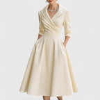 Elegant | White Midi Dress with 3/4 Sleeves & Flared Skirt for Effortless Style 4