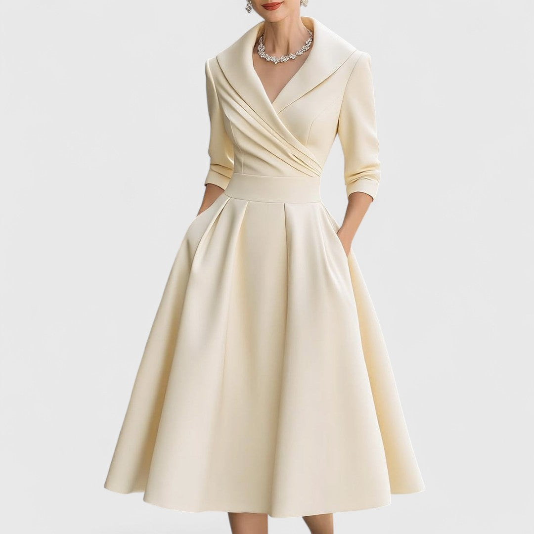 Elegant | White Midi Dress with 3/4 Sleeves & Flared Skirt for Effortless Style 4