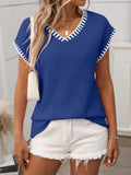 Essential Style | Contrast Trim V-Neck Knit Top with Moderate Stretch | Comfortable Fit for Everyday Wear 0