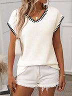 Essential Style | Contrast Trim V-Neck Knit Top with Moderate Stretch | Comfortable Fit for Everyday Wear 1