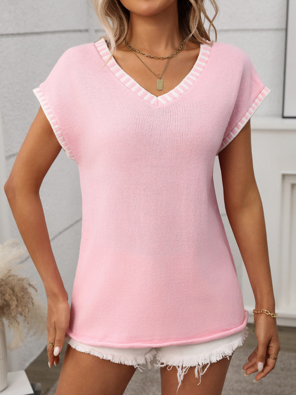 Essential Style | Contrast Trim V-Neck Knit Top with Moderate Stretch | Comfortable Fit for Everyday Wear 8