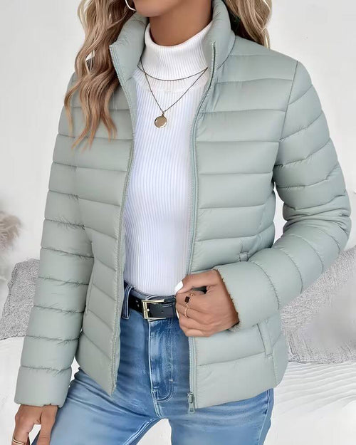 Women's Black Puffer Jacket with Stand Collar and Zip Closure