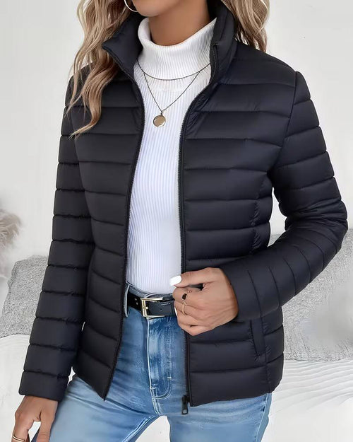 Women's Black Puffer Jacket with Stand Collar and Zip Closure