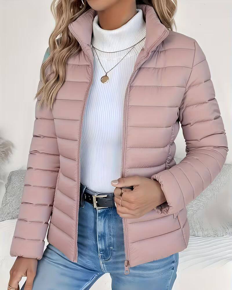 Women's Black Puffer Jacket with Stand Collar and Zip Closure