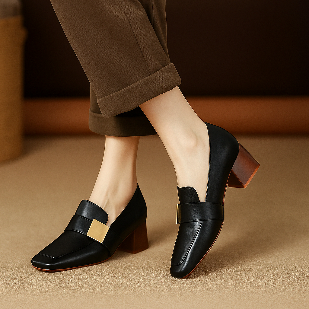 Women's Gold Trim Block Heel Loafers