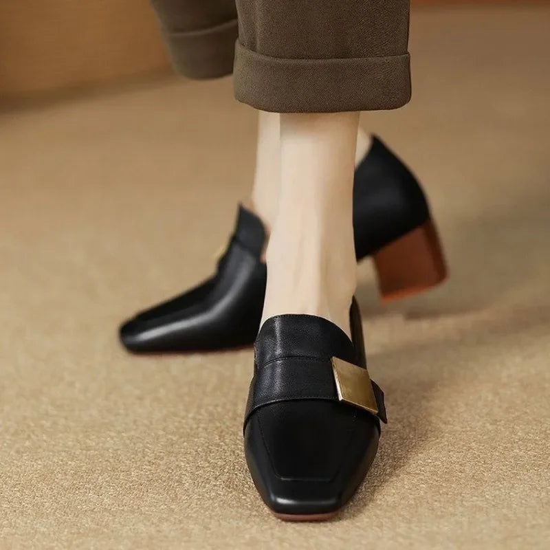 Women's Gold Trim Block Heel Loafers