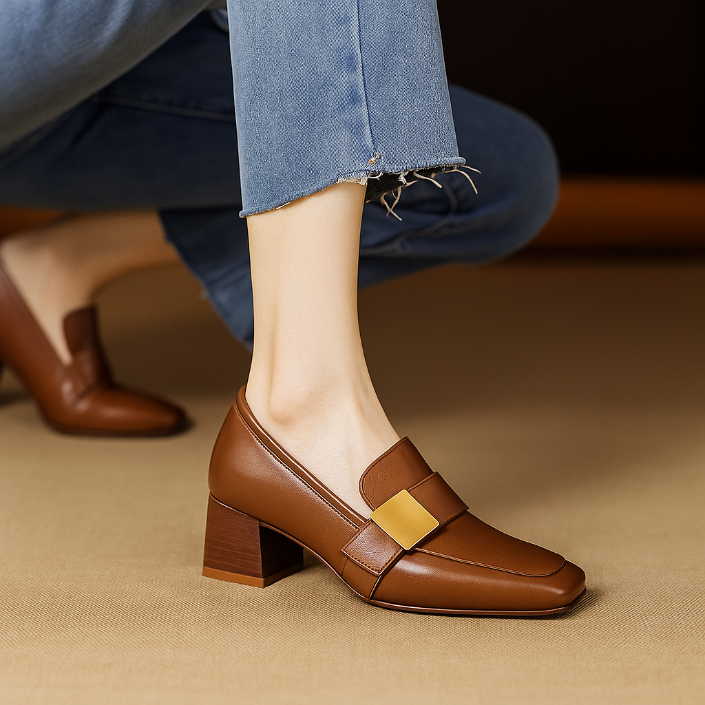 Women's Gold Trim Block Heel Loafers