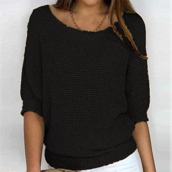 Women's Boat Neck Jumper in Lightweight Knit with Ribbed Ends