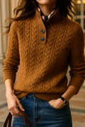 Women's Cable Knit Jumper with Button Collar in Soft Material