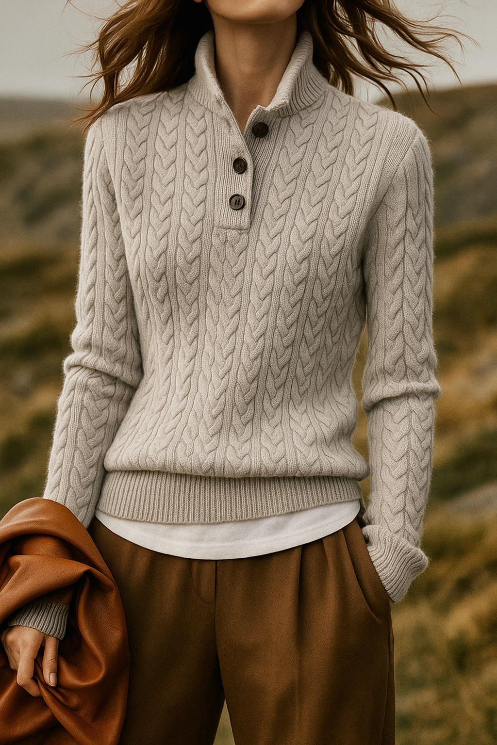 Women's Cable Knit Jumper with Button Collar in Soft Material