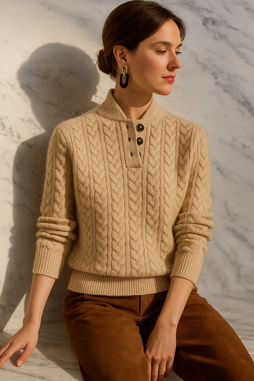 Women's Cable Knit Jumper with Button Collar in Soft Material