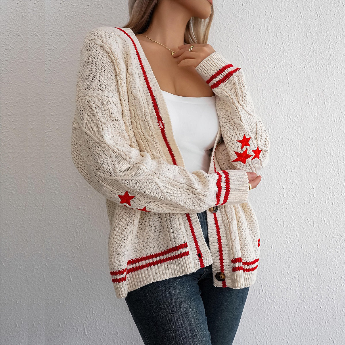 Women's Cable Knit Long Cardigan with Contrast Stripes and Button Placket
