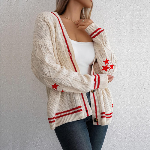 Women's Cable Knit Long Cardigan with Contrast Stripes and Button Placket