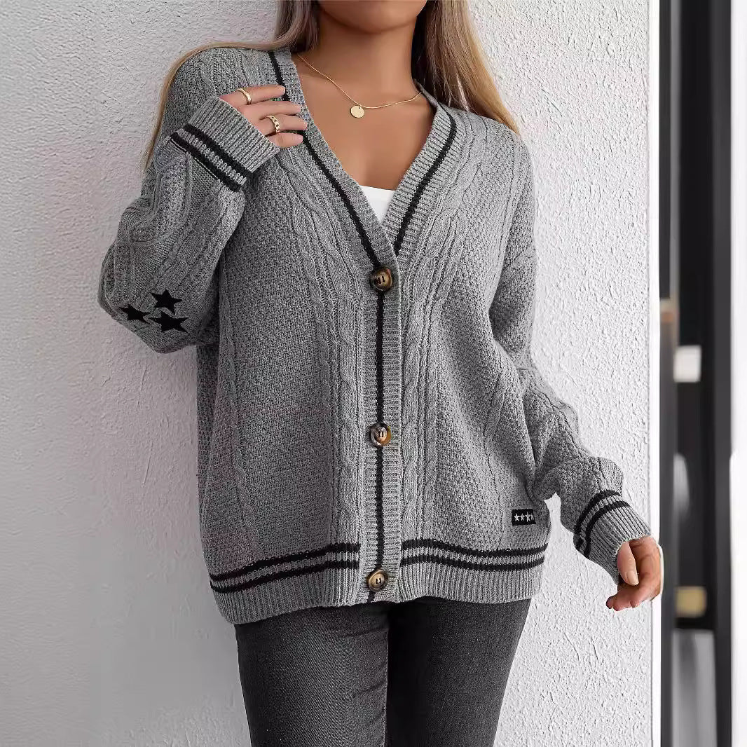 Women's Cable Knit Long Cardigan with Contrast Stripes and Button Placket