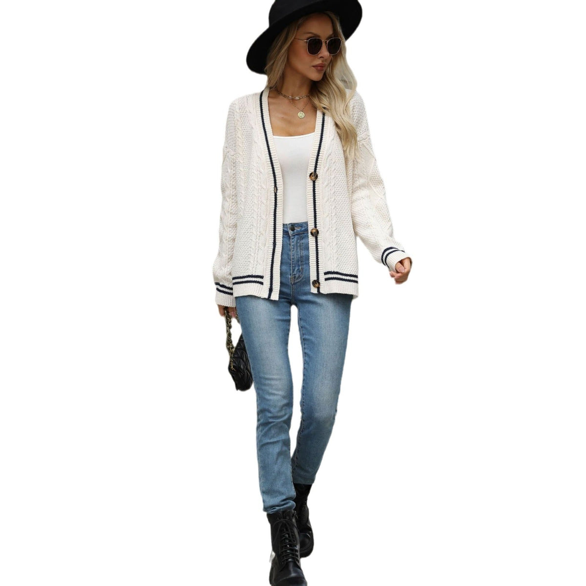 Women's Cable Knit Long Cardigan with Contrast Stripes and Button Placket