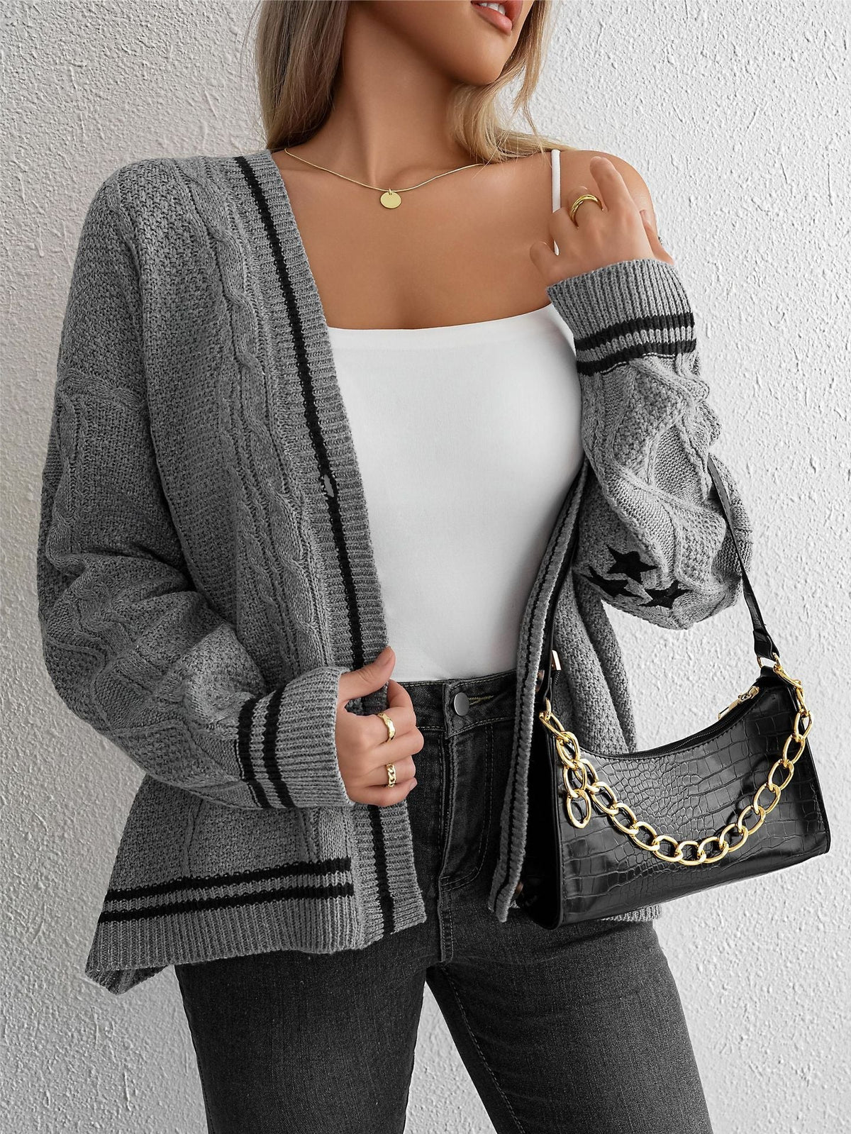 Women's Cable Knit Long Cardigan with Contrast Stripes and Button Placket