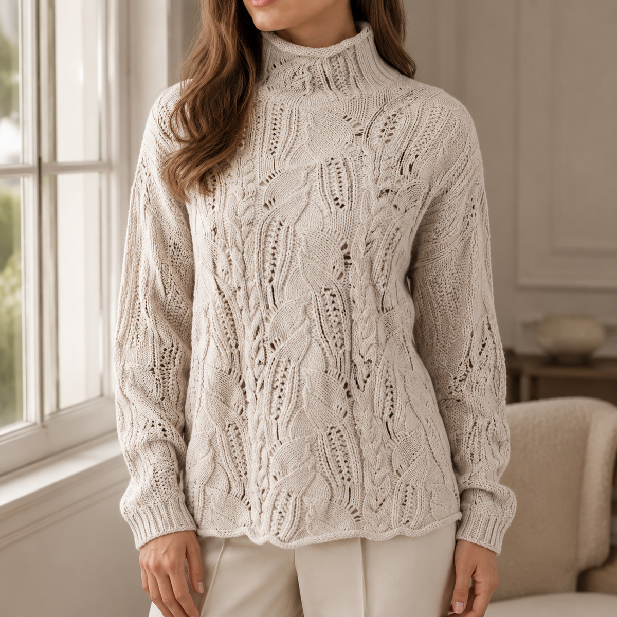 Women's Cable Knit Turtleneck Jumper in Warm Knit Blend