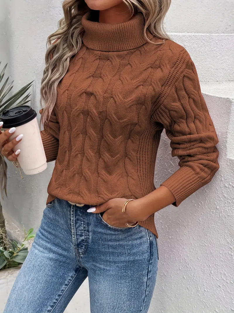 Women's Cable Knit Turtleneck Jumper with Long Sleeves