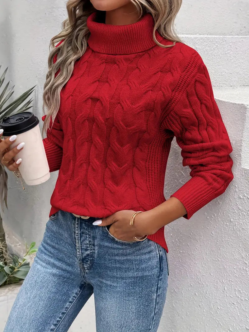 Women's Cable Knit Turtleneck Jumper with Long Sleeves